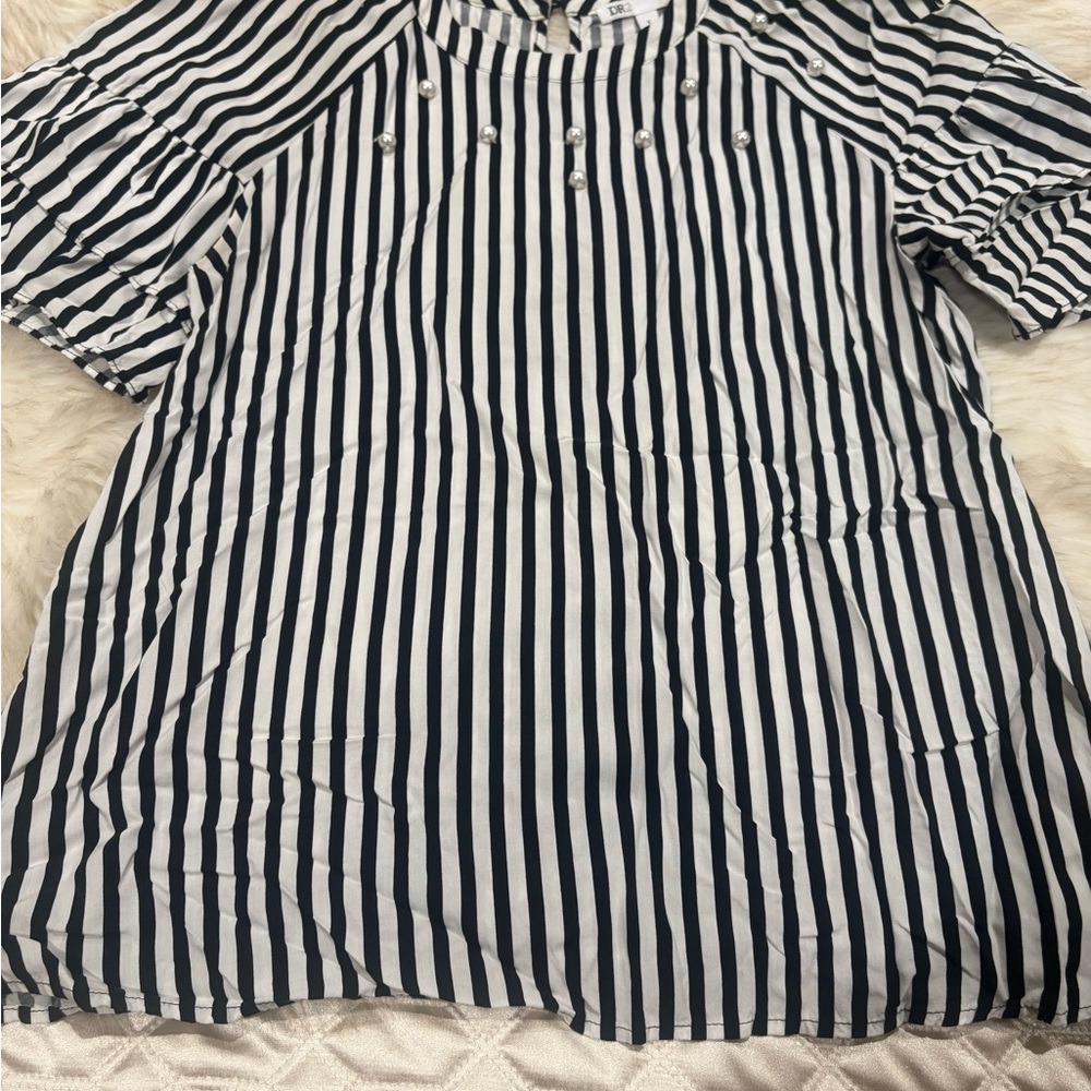 DR2 Black and White Striped Blouse with Button Accents